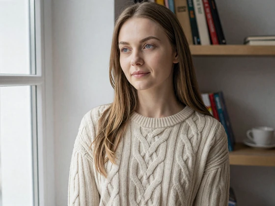 Eastern European Slavic woman with fair skin and light hair near window representing typical slavic women characteristics