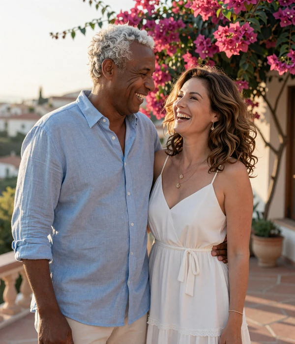 Happy mature American man and Balkan woman laughing together on Mediterranean terrace