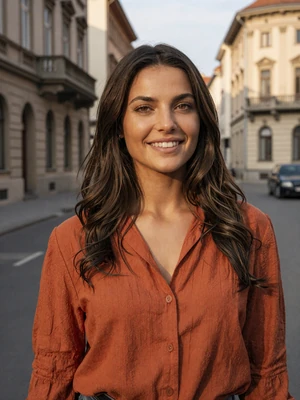 Jelena, 31-year-old Serbian woman from Belgrade with dark wavy hair and hazel eyes on a city street