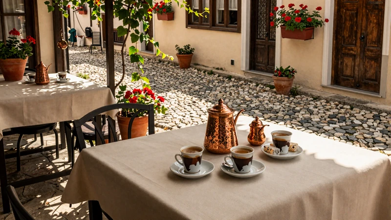 Traditional Balkan coffee culture on a Mediterranean terrace representing the warmth of cross-cultural dating in Southeast Europe
