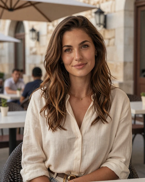 Beautiful Balkan woman enjoying cafe terrace in Mediterranean old town setting