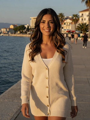 Lucija, 33-year-old Croatian woman from Zadar with dark wavy hair and caramel highlights on the waterfront promenade