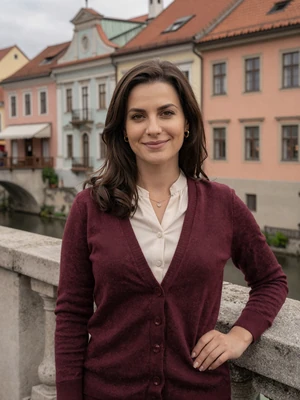Tina, 36-year-old Slovenian woman from Ljubljana with dark chestnut waves wearing burgundy cardigan on historic bridge