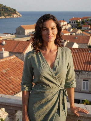 Katarina, 39-year-old Croatian woman from Dubrovnik with wavy dark brown hair on balcony overlooking Adriatic rooftops