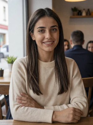 Drita, 29-year-old verified Albanian woman from Tirana with dark brown hair at a cozy cafe