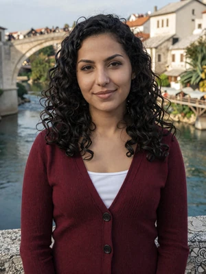 Emina, 27-year-old Bosnian woman from Mostar with dark curly hair near the famous Old Bridge