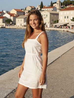 Urška, 27-year-old Slovenian woman from Koper with light brown hair wearing white sundress on Adriatic coast
