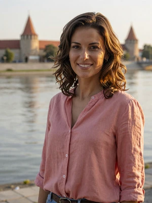 Milena, 34-year-old Serbian woman from Novi Sad with chestnut hair wearing rose blouse near Danube river