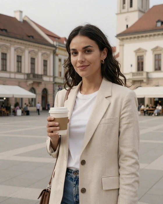 Stylish Croatian woman on Ban Jelačić Square in Zagreb holding coffee - typical modern Croatian lifestyle and fashion