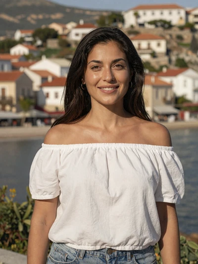 Ilda, 30-year-old Albanian woman from Sarandë with long dark wavy hair on Mediterranean seaside