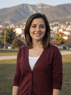 Mina, 38-year-old Montenegrin woman from Nikšić with highlighted brown hair in burgundy cardigan